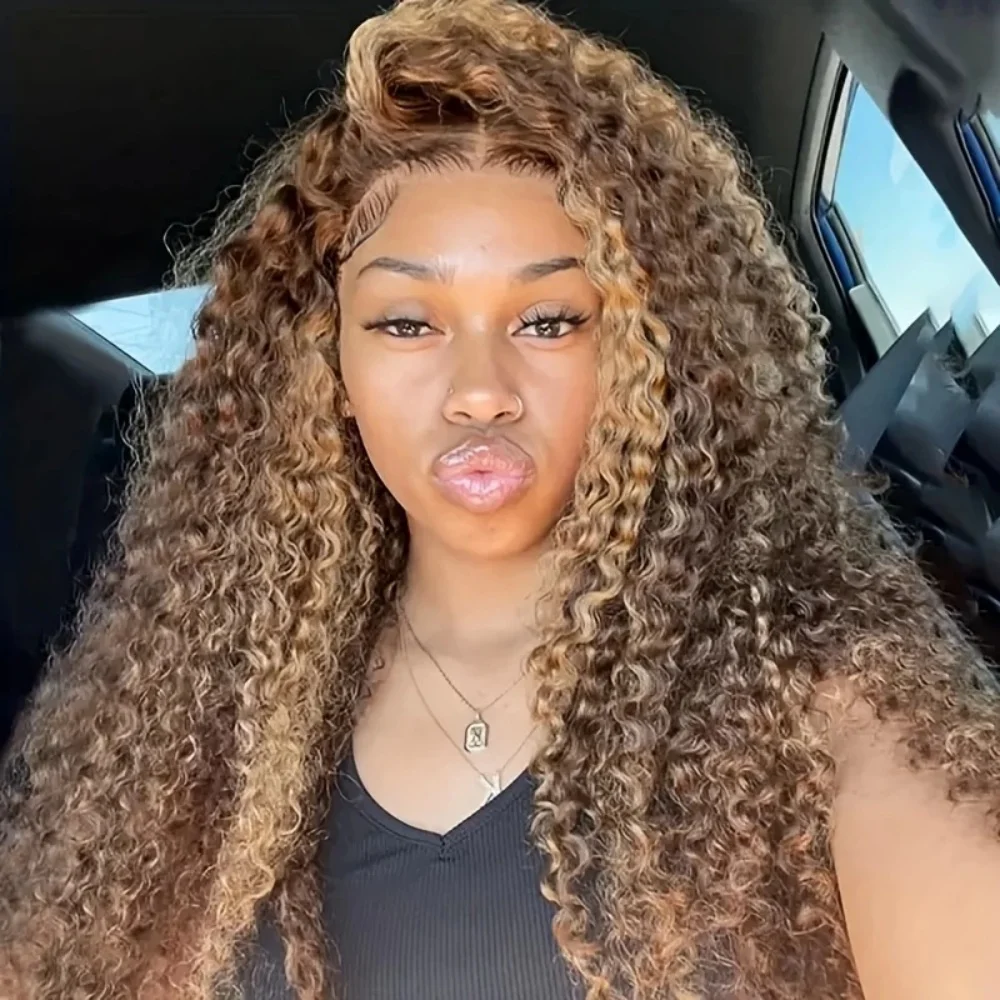 

Deep Wave Highlight Lace Front Wigs Human Hair HoneyBlond 220Density Transparent 13×4Pre Plucked Ombre Frontal Wig For Women4/27