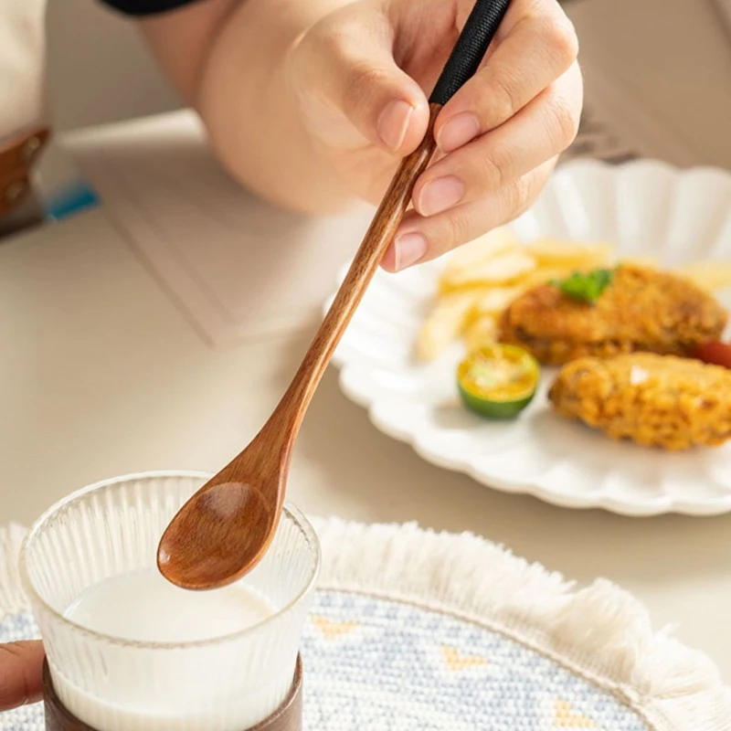 Wooden Spoon Mixing Rice Salad Spoon Long Handle Dessert Condiment Sugar Salt Spice Spoon Tableware Kitchen Tools