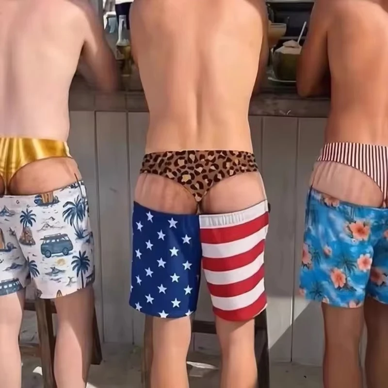 Funny 3D Illusion Fake Cutout Unisex Beach Shorts Optical Illusion Print Quick Dry Swim Trunks Novelty Summer Party Board Shorts