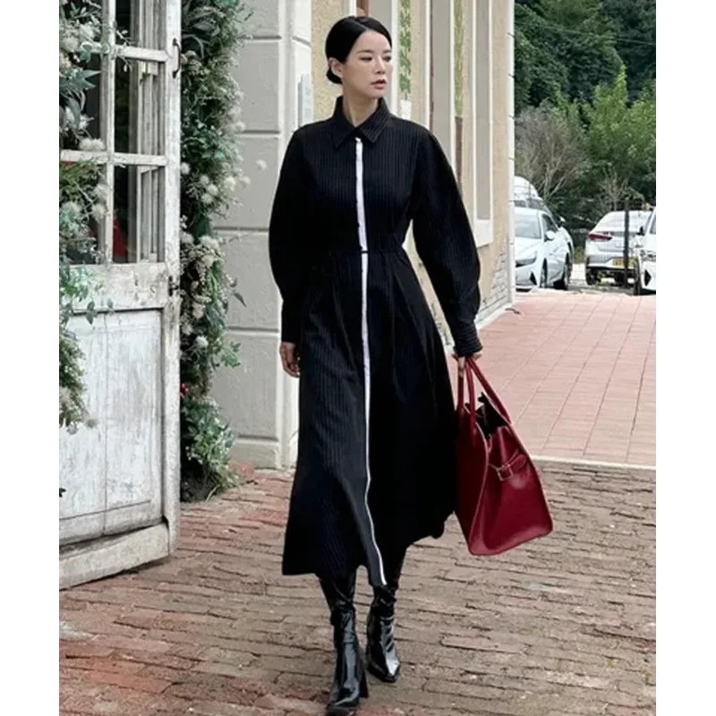 Elegant Contrast Color Stripe Waist Cinching Slimming Belted Dress High Waist Long Sleeve Autumn Ladies Casual X-Shape Dress