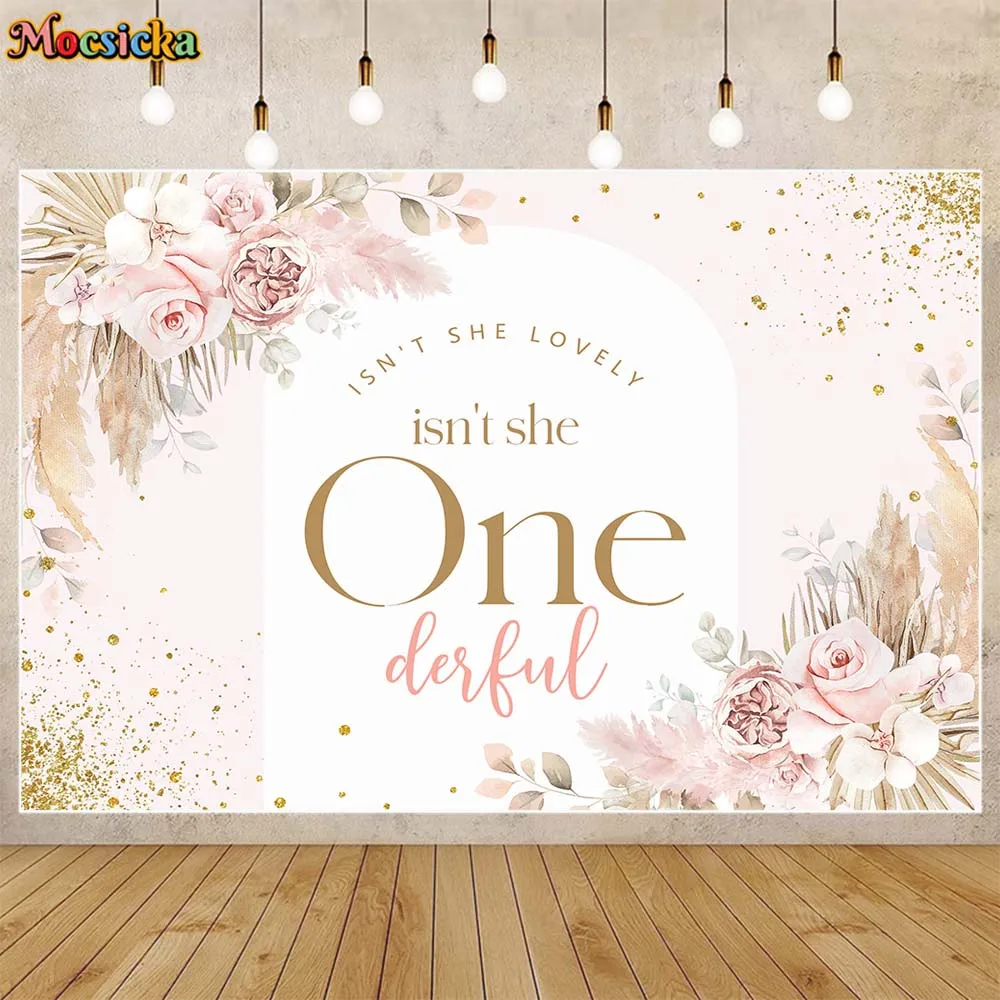 

Mocsicka Bohemian Girl 1st Birthday Party Decor Background Pink Boho Flower She is Onederful Baby Birthday Backdrop Photo Studio