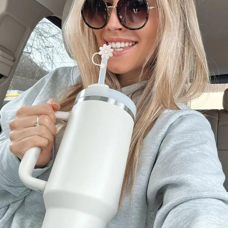 Flower Straw Cove Toppe for Stanley Cups 30and40 Oz Tumbler with Handle Accessories 4PCS Silicone Straw Caps Reusable Straws Ti