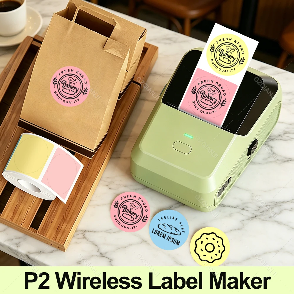 P2 Mini Thermal Self-adhesive Printer White Label for Home Office Clothing Food Wireless Sticker Print Marker with Paper Rolls