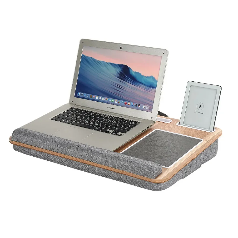 

A Portable Wooden Laptop Table Bed Tray with Mouse Pad Soft Pillow Cushion for 17 Inch + Laptop Built-in Phone Tablet Stand
