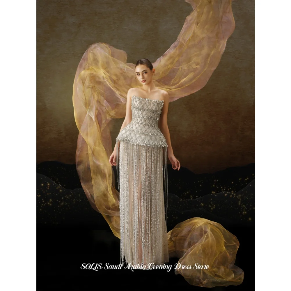

SOLIS Luxury Silver Strapless Prom Dress Crystal Beaded Evening Gown Full Length Heavy Tassel Fringe Sheer Party Gown Customized