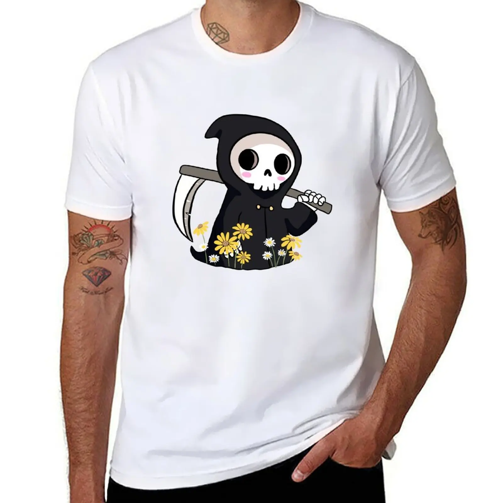

Cute grim reaper with daisy flowers T-Shirt man t shirts for men mens graphic t shirts t shirts for man slim fit T-Shirt
