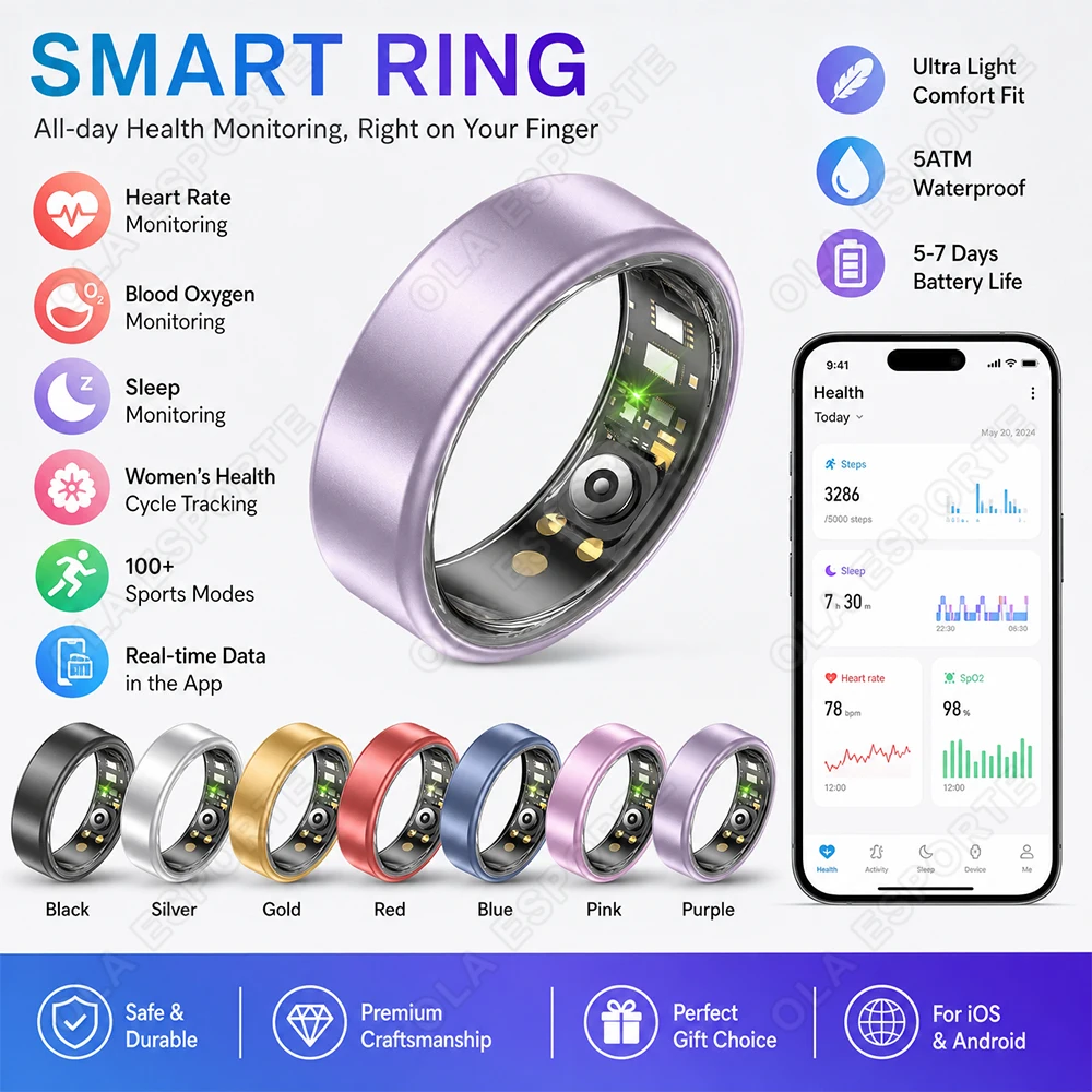 Multi Color Smart Ring For Men Women Sports Health Smart Ring Heart Rate Sleep Blood Oxygen Monitor 100+ Sports Modes Waterproof