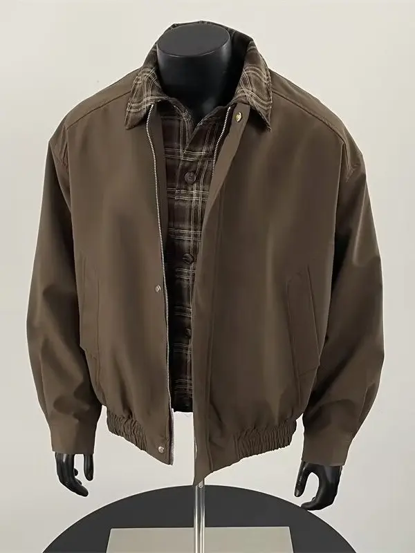 

Vintage Brown Men's ort Collar Jaet Autumn Winter Faion Fake Two-Piece Zipper Decorated Loose Fit Youth Sle Polyester...