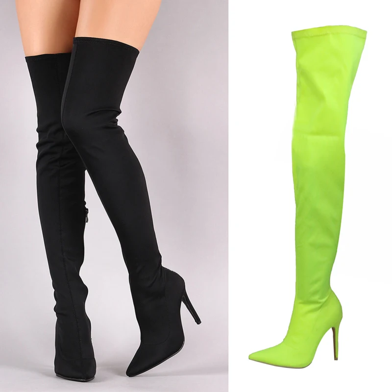 

Sexy Neon Stretch Fabric Slip On Sock Boots Pointed Toe Thin High Heel Satin Boots Candy Colors Slim Leg Outfit Thigh Boots