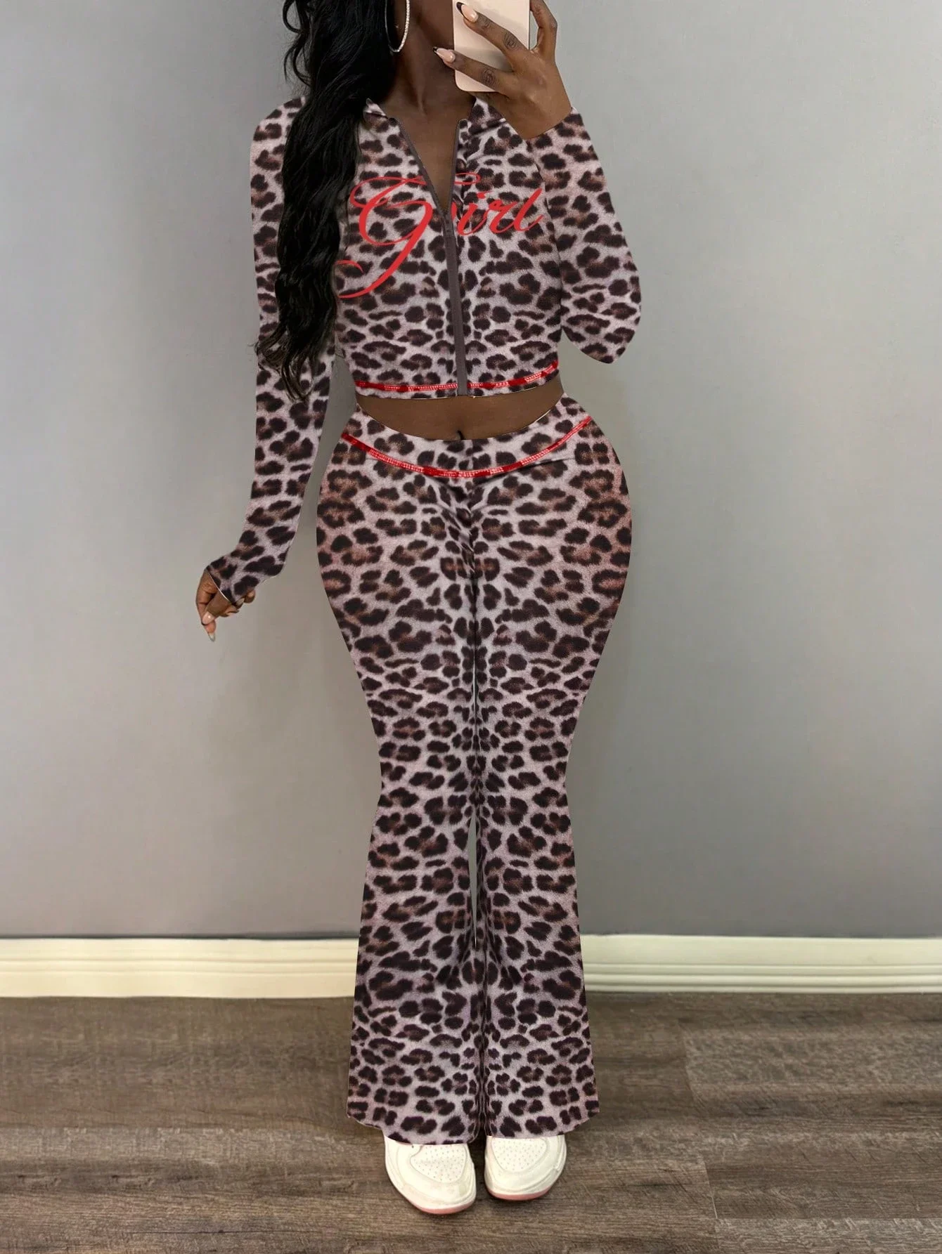 

Leopard Print Zip-Up Hooded Long Sleeve Top And Flare Pants Set Women Casual Outfit