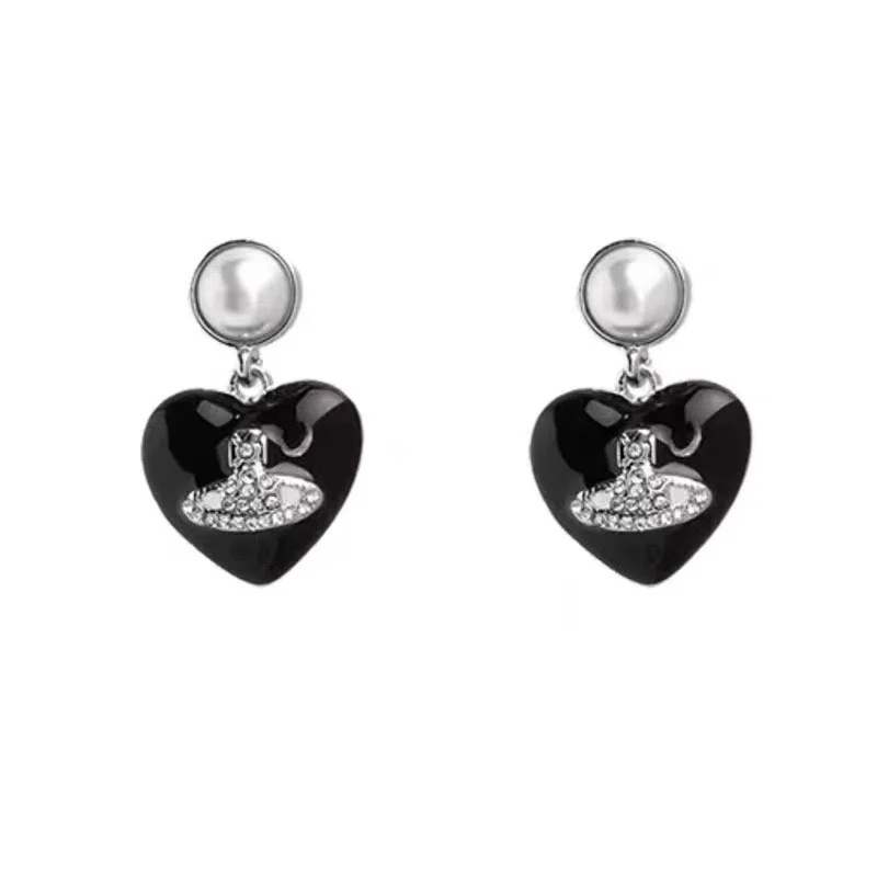 Boucles d'oreilles pendantes en biscuits en forme de cœur pour femmes, clou de perle, planète Saturne, noir, élégant, mode, bijoux, cadeaux pour filles