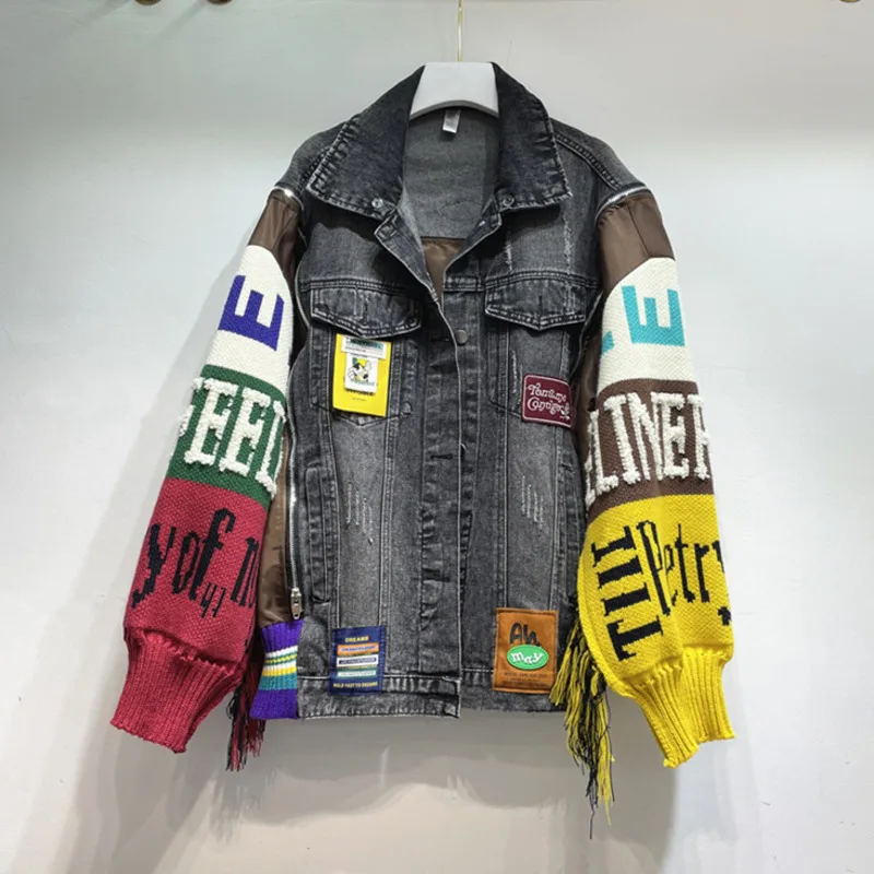 ANJY Autumn Winter New Women's Trend Tassel Patchwork Denim Jacket Ins Fashion Embroidery Letters Chic Zipper Pocket Coat A13916