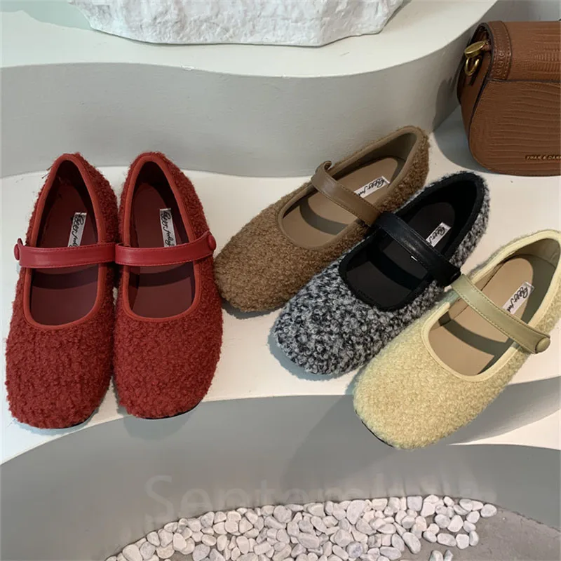 

2024 Red Winter New Women Flat Shoes Fashion Furry Ladies Casual Mary Jane Shoes Soft Sole Outdoor Dress Round Toe Ballerinas S