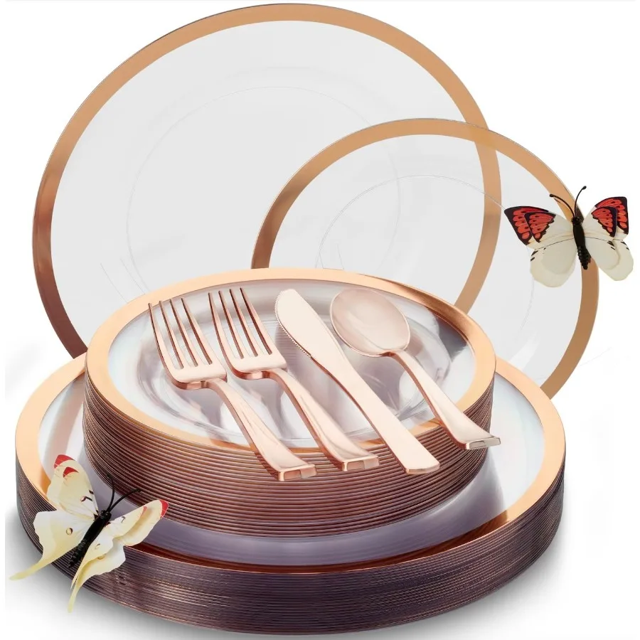 

HEAVYWEIGHT 150 Pc Clear Rose Gold Party Plates and Utensils Set Elegant Disposable Dinnerware for Bridal Showers and Formal Ev