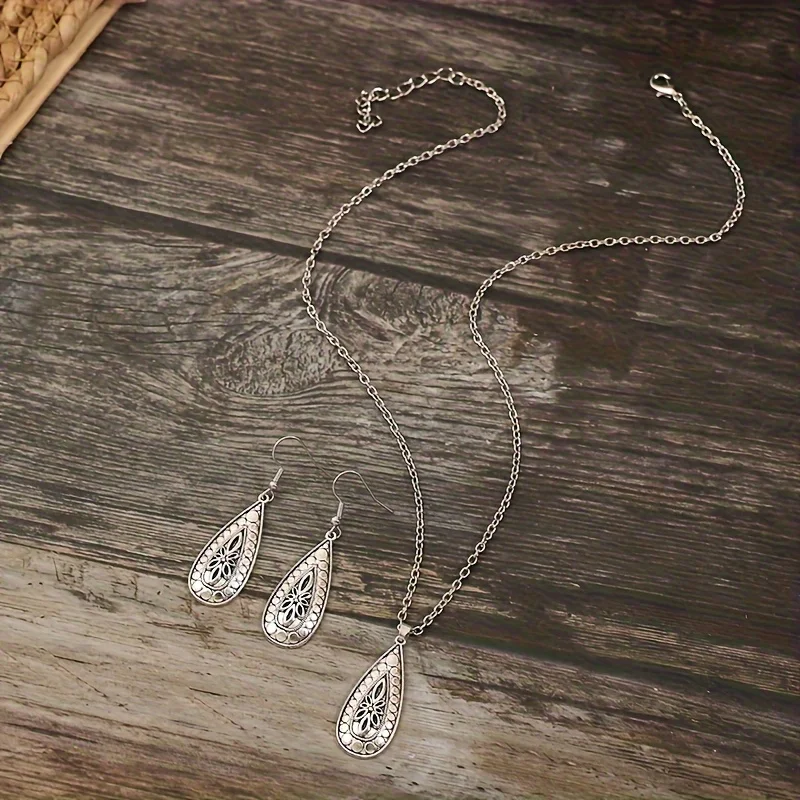 3 قطعة/المجموعة أقراط قلادة خمر طقم مجوهرات العصرية Waterdrop شكل قلادة منحوتة زهرة على السطح مباراة اليومية وتتسابق #4