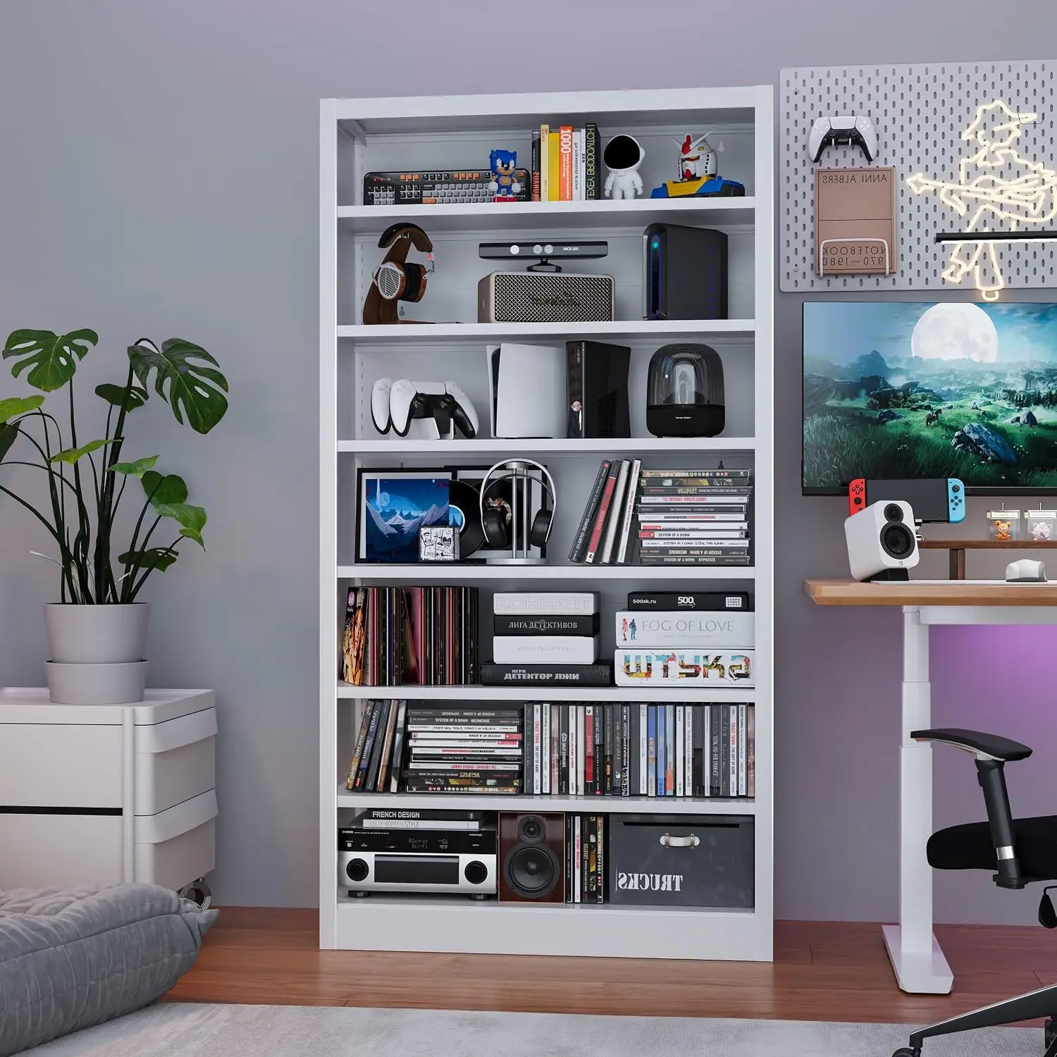 Metal 7-Tier CD DVD Storage Rack Adjustable Shelves Media Organizer for Movies Games Living Room Home Office White, Customized