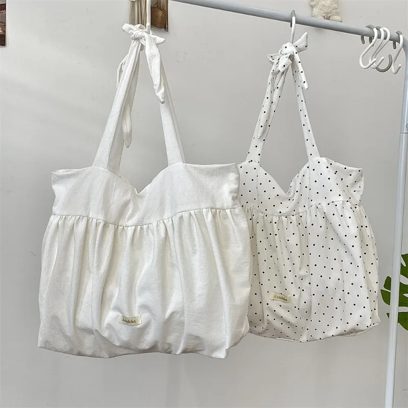 

Pleated Retro Dot Women's Canvas Shoulder Bags Large Capacity Female Underarm Bag Solid Color Girls Travel Tote Purse Handbags