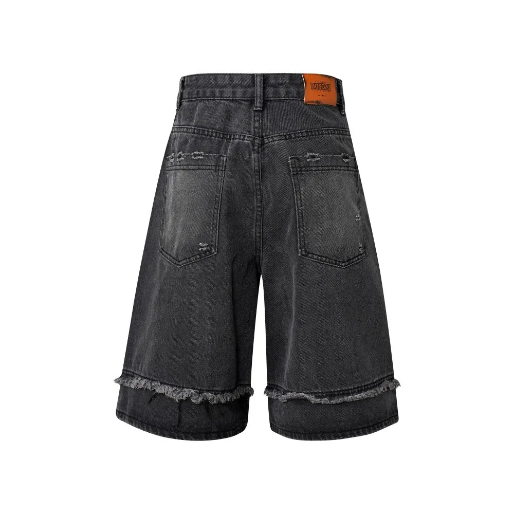 High Street Washed Distressed Jeans Shorts with Deconstructed Edges Men's Retro Wide Leg Cropped Denim Pants