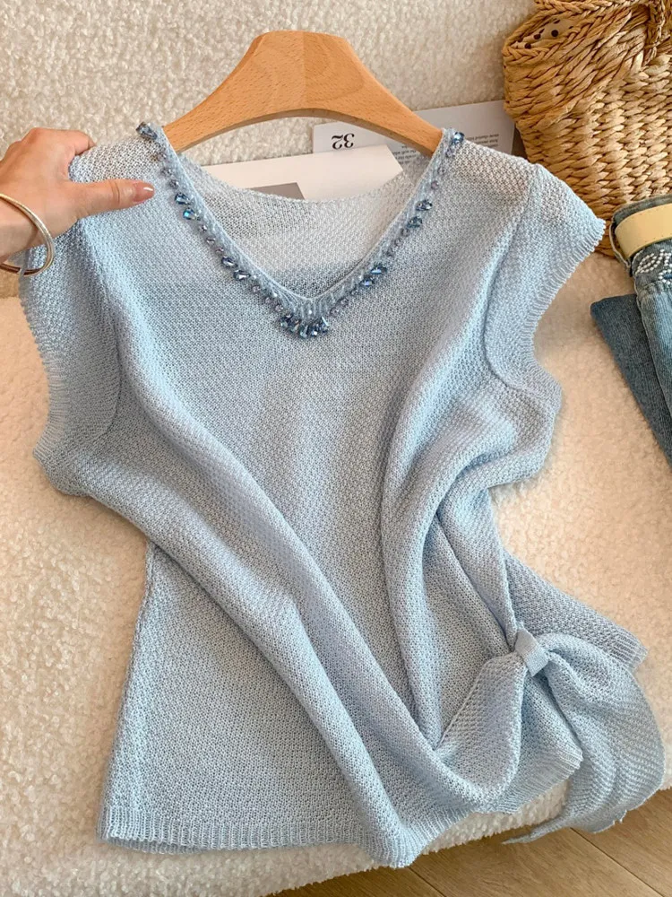 

Summer T-Shirt Women's V-neck Irregular Knitted Silk Linen Belted Miniature Sleeve Casual Style Soft Fabric Regular Fit