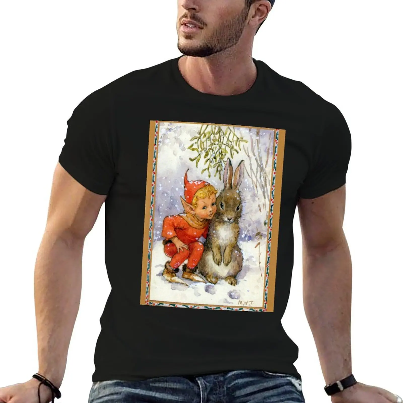 Elf and Rabbit Under Mistletoe Christmas - Margaret Tarrant T-Shirt t shirts for man graphic tees man t shirts graphic T-Shirt