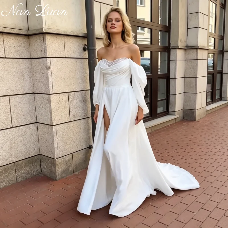 26 Styles Luxury Crystal Beaded Satin A Line Wedding Dress Removable Puff Sleeves Chapel Train Vestidos de Novia Customized