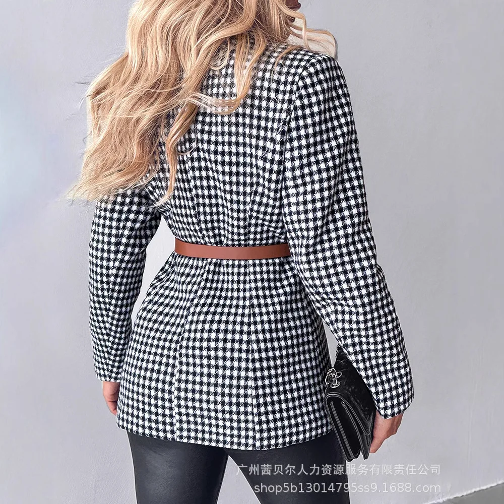 Women Office Smart Jacket Houndstooth Pattern Double Breasted Blazer with Belt