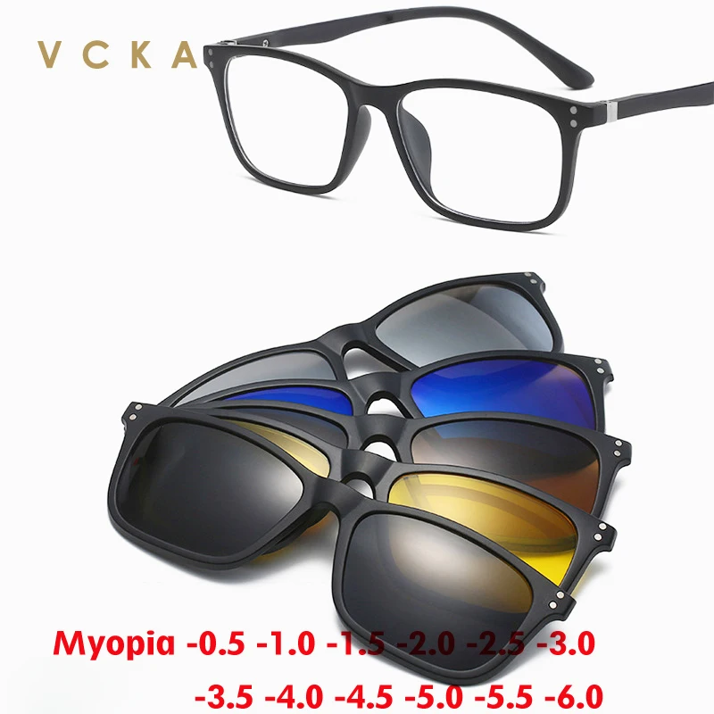 

VCKA Square Myopia Sunglasses Fashion Women Men Polarized Magnetic Clip Glasses 6 in 1 Mirror Set Prescription Eyewear -0.5~10