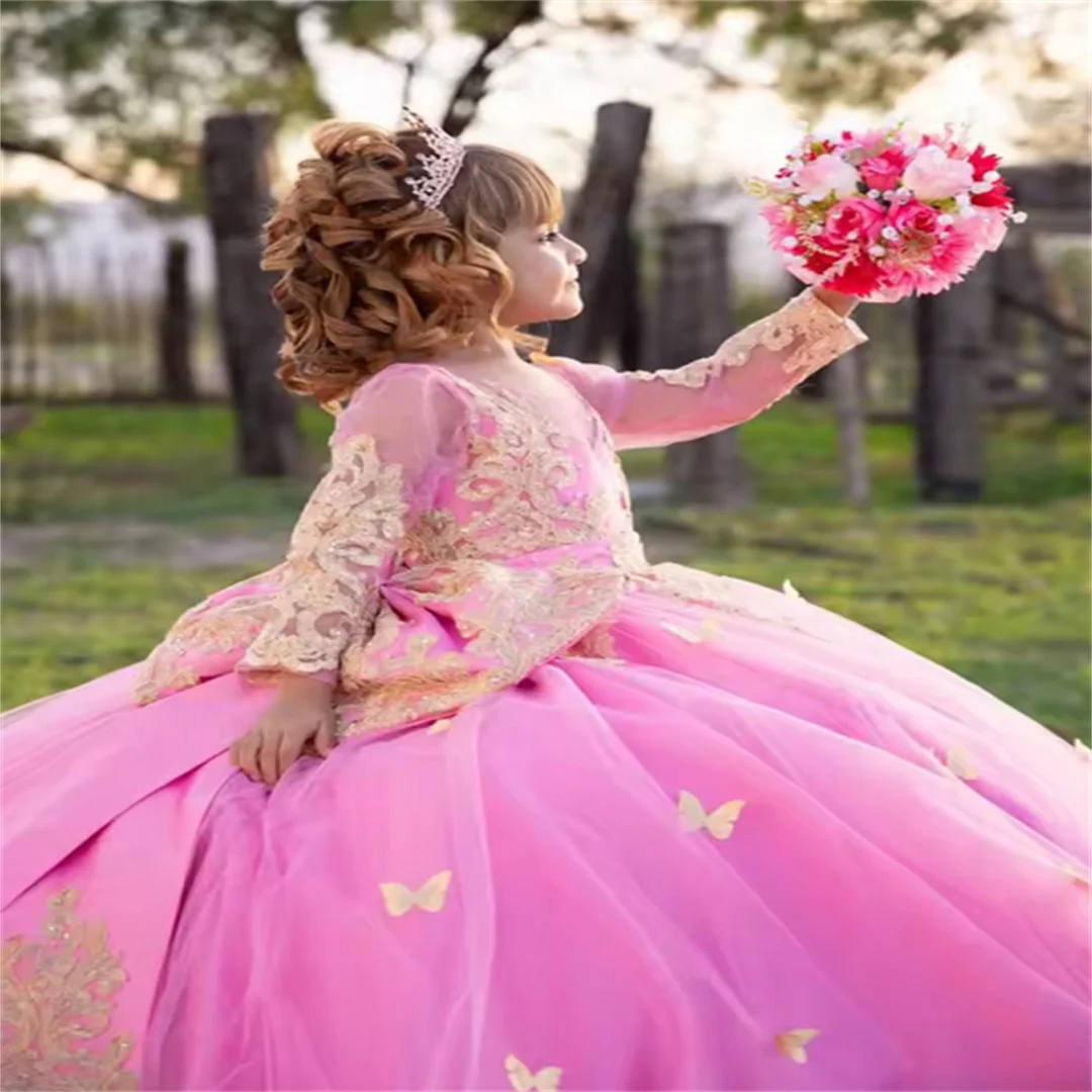 

Princess Pink Tulle Puffy Lace Applique Flower Girl Dress For Wedding Kids Birthday Party First Comminon Ball Gowns Customized