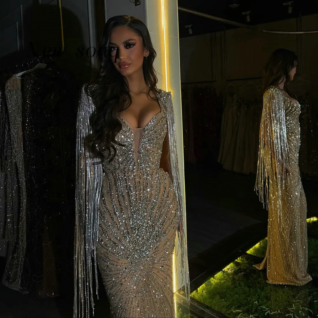 

Dubai Nude Champagne Evening Dresses with Long Glitter Crystals Tassel Customized Wedding Party Gowns for Women Elegant