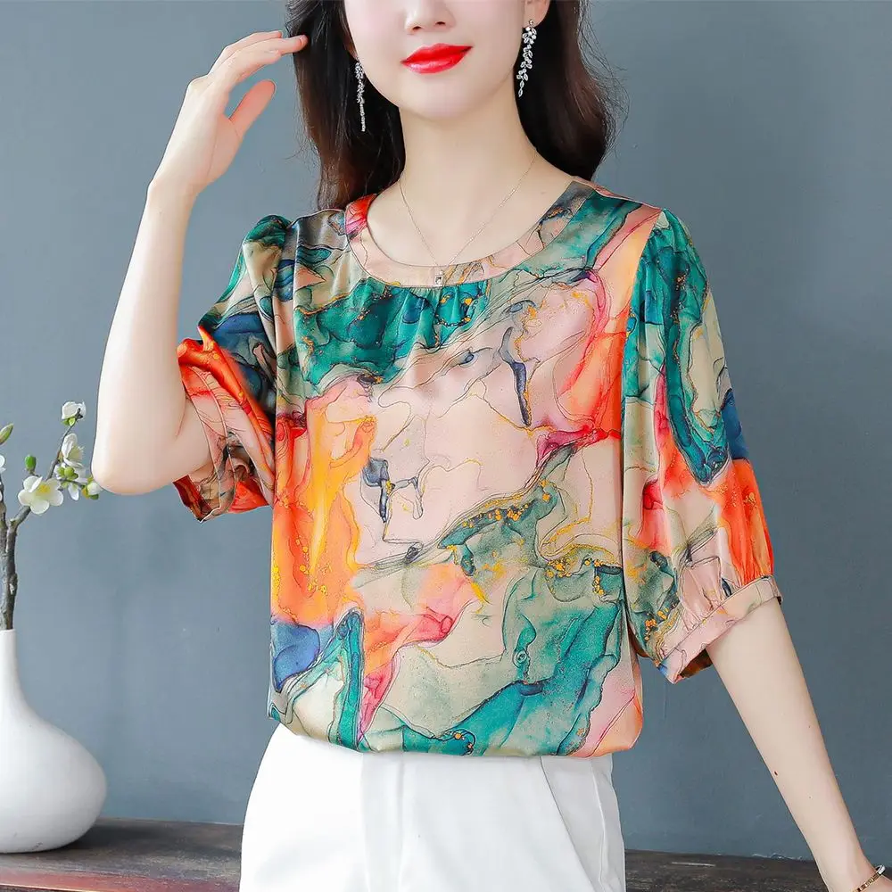 Simplicity Women\'s Clothing 2023 New Korean Elegant Summer Thin Casual Printing Geometric O-neck Short Sleeve Pullovers T-Shirts