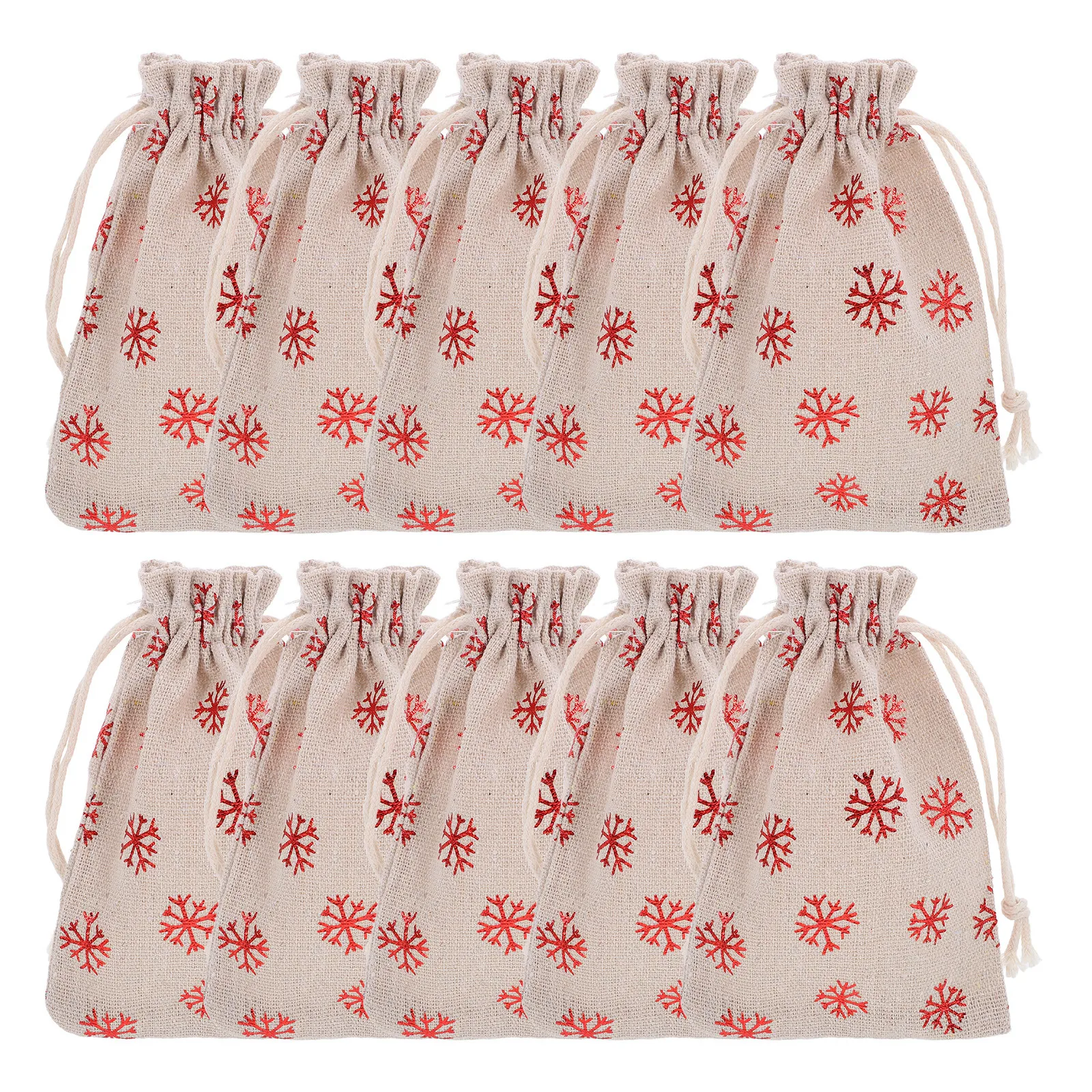 

10Pcs Christmas Cotton Drawstring Bags Snowflake Pattern Candy Pouches Holiday Wrapping Bags Reusable Fabric Party Favor