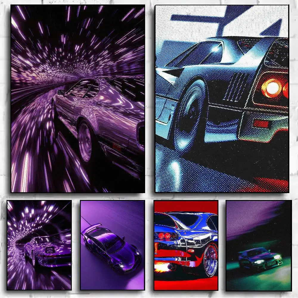 Retro Synthwave JDM Car Poster Print, Neon Purple Blue Sports Car Wall Art Sticker , 90s Vibe Racing Boy Room Decor