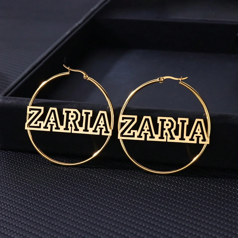 

Custom Hollow Name Hoop Earrings For Women Stainless Steel Round Customized Earring Female Personalized Wedding Ear Jewelry Gift