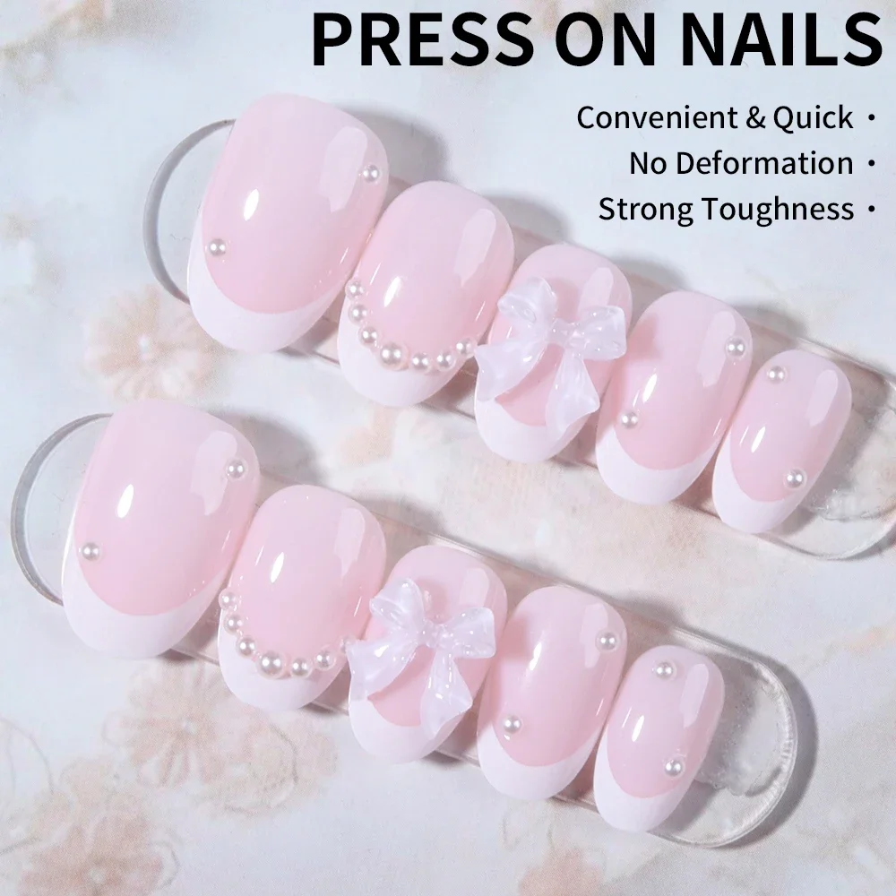 24Pcs Short Oval White French Tip Press On Nails With Pearl Bow Decor Self Adhesive Reusable Acrylic False Nail Sets For Women Daily Nail Art