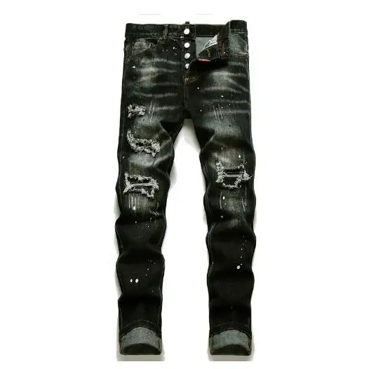 Men Black Ripped Denim Jeans Holes Jeans Italian High Street Style Denim Pants High Quality Male Slim Fit Denim Trousers Size 38