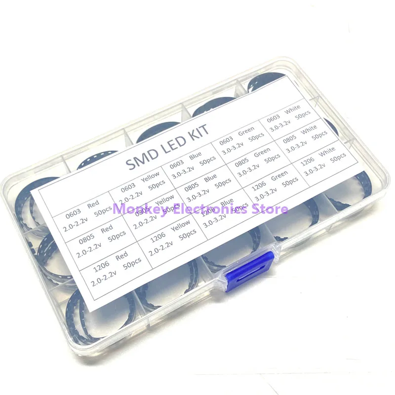 LED 0603 0805 1206 SMD LED Sample Box Mixed Pack Red Yellow Blue Green White 15value*50pcs 750pcs