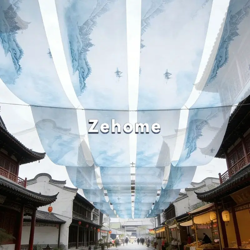 National style Chinese ink painting landscape hanging mantle scene ceiling arrangement gauze mantle catering tea house