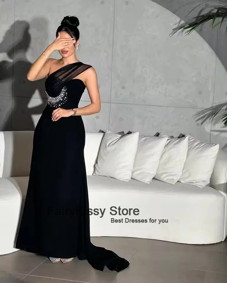 FairyKissy Elegantes Saudi-Arabien One-Shoulder-Abschlussballkleid in Schwarz mit Perlen, Party-Abendkleid, bodenlang, Kleider für besondere Anlässe