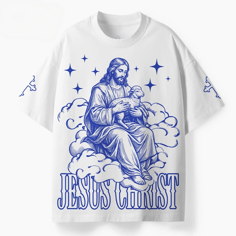 Men Faith Lifestyle Oversized Tee,Inspirational Retro Blue Sketch Figure Sheep Cloud T‑Shirt,Streetwear For Men Daily Outfit