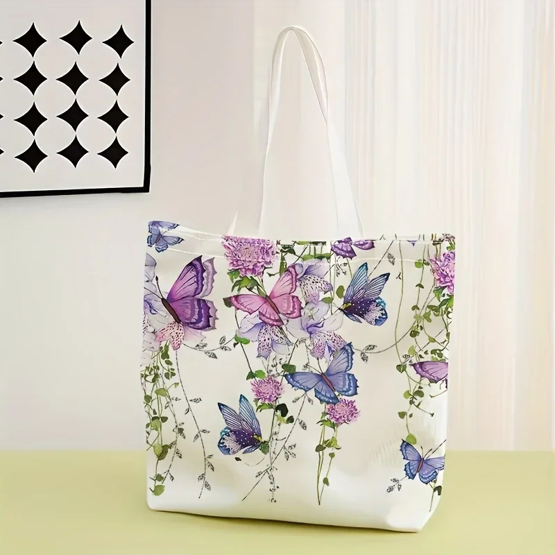

Flower butterfly printed tote bag, reusable fashionable backpack, multifunctional handbag, printed canvas shopping bag