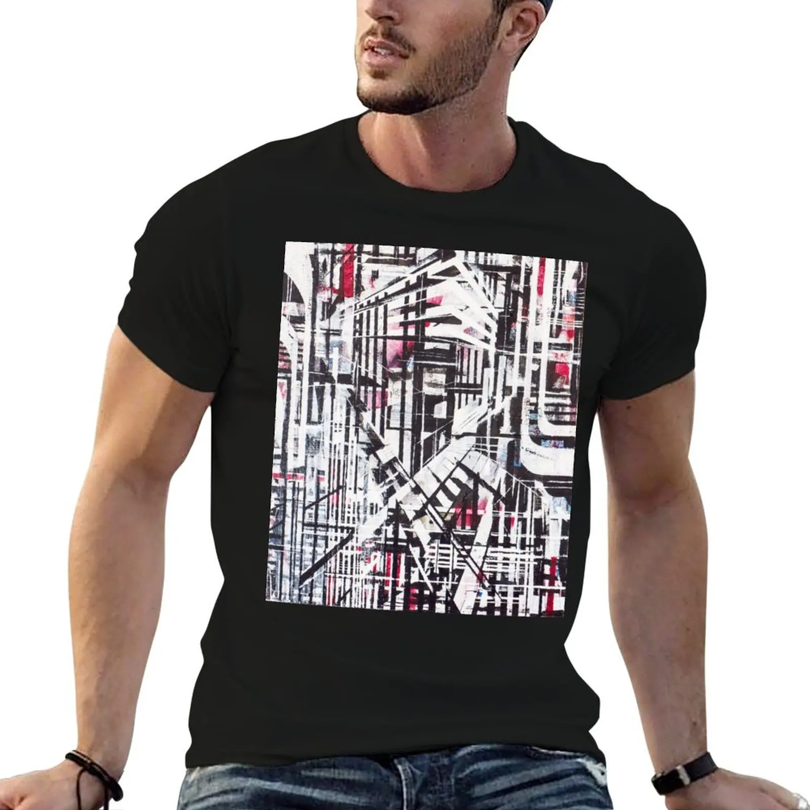 Lines Black and Red T-Shirt plus size tops oversizeds cotton graphic tees summer tops men clothings