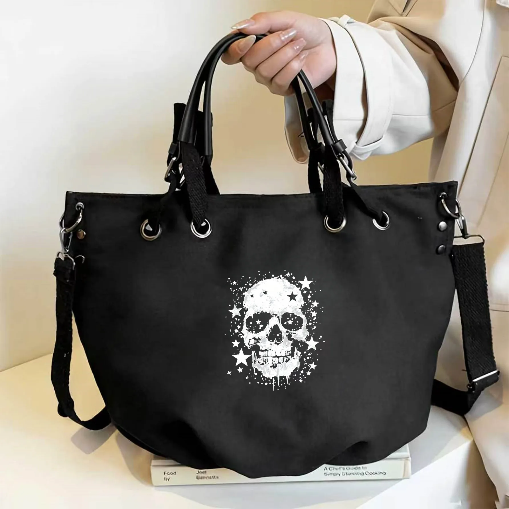 

Gothic Skull Canvas Tote Bag 2-in-1 Handbag & Crossbody Bag, Vintage Art Style for Daily Use.