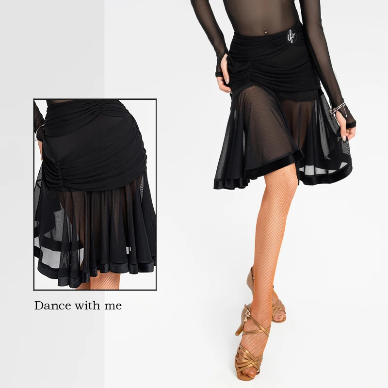 Latin Dans Rok Voor Vrouwen Zwart Mesh Onregelmatige Rok Chacha Rumba Tango Samba Dans Jurk Volwassen Latin Praktijk Kleding DN22322