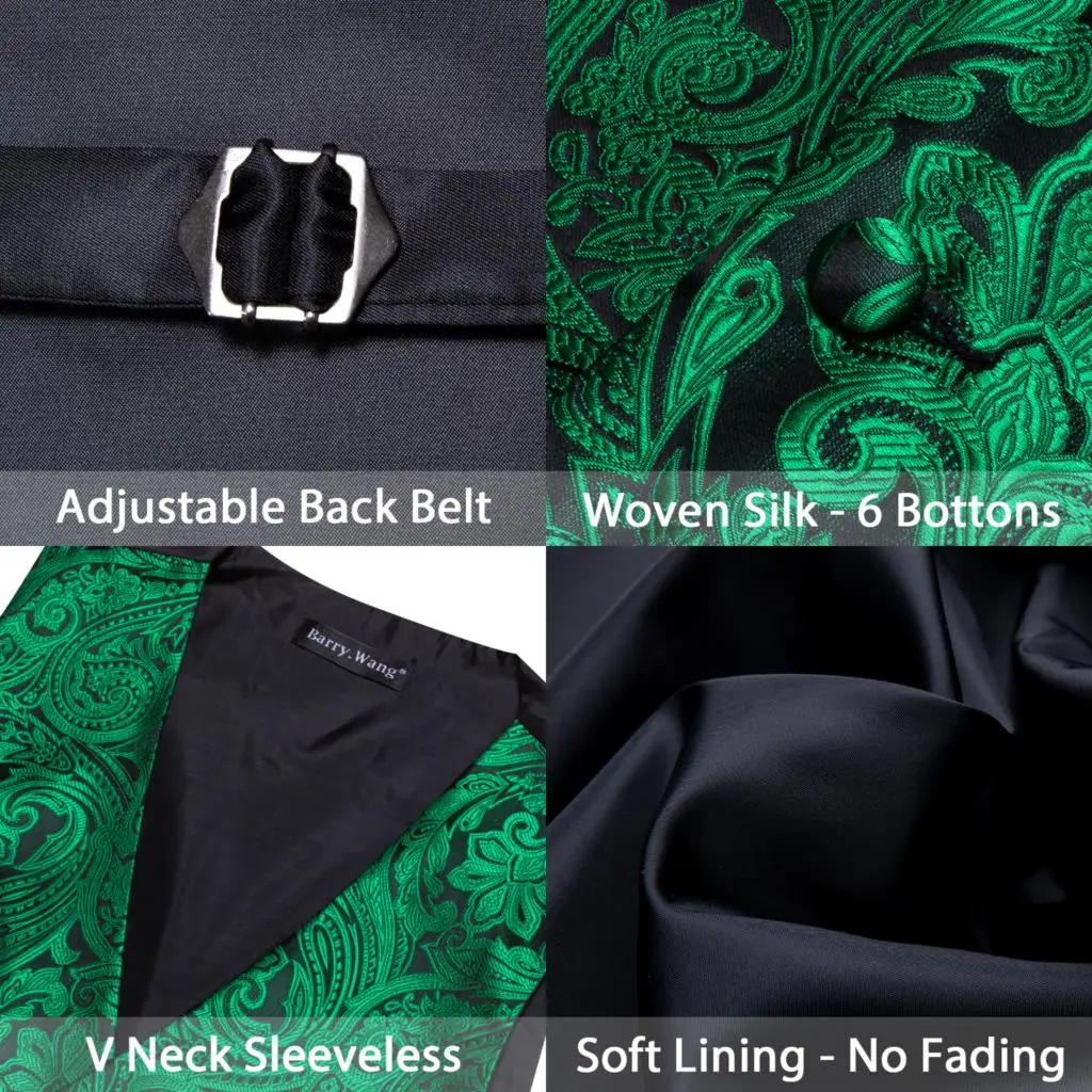 Mens Vest Tie Set Silk Waistcoat Wedding Green Black Paisley Formal Gift Party Dress Suit Sleeveless Jacket Man Barry Wang