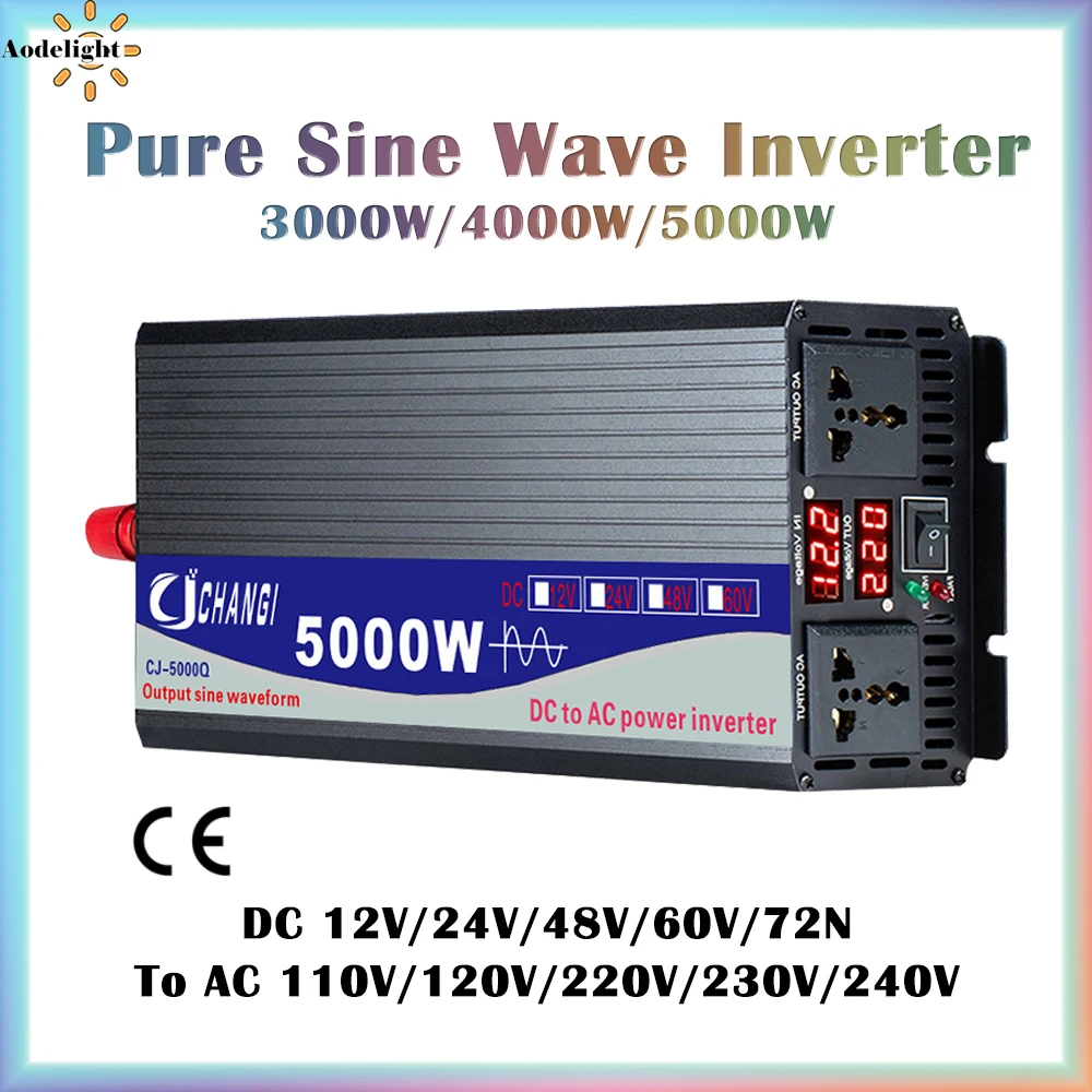 Pure Sine Wave Inverter DC 12V 24V 48V 60V 72V to AC 110V 220V 3000W 4000W 5000W Power Solar Car Inverters Doule Digital Display