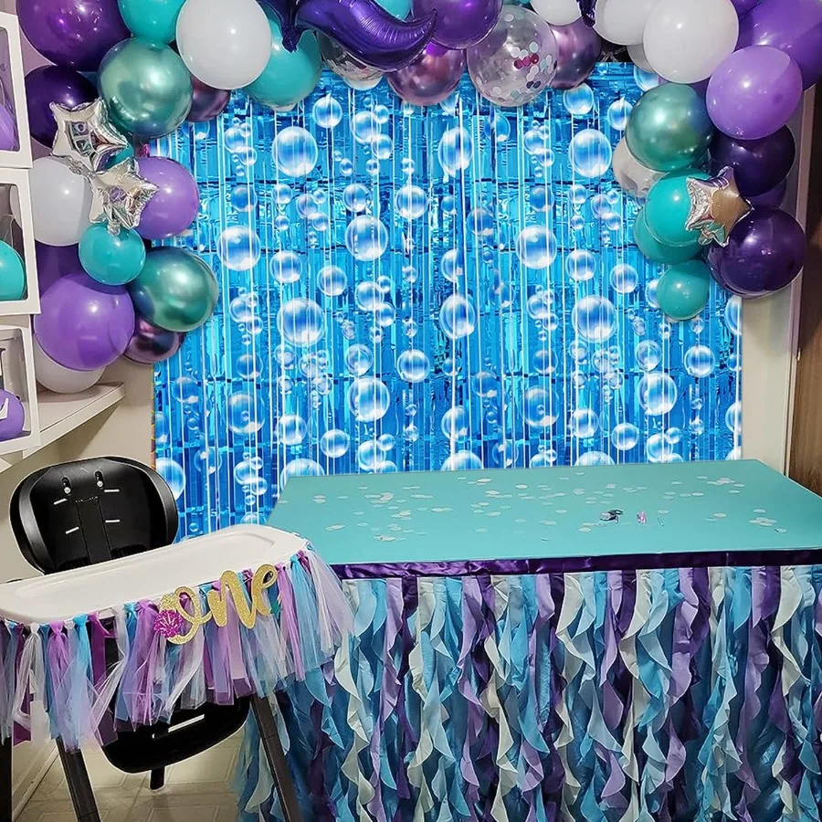 Under The Sea Party Decorations 2 Pcs Blue Bubble Garland Streamers Tinsel Foil Fringe Curtain Backdrops for Mermaid Ocean Beac