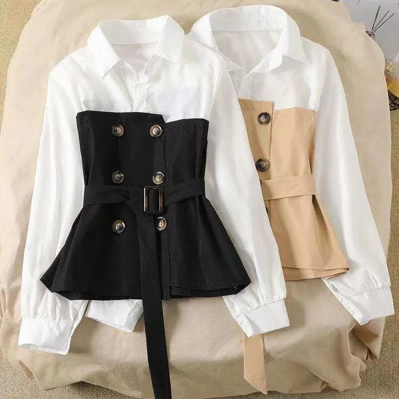 Korean Commute 2024 Spring Autumn New Blouses Women\'s Solid Patchwork Button Sashes Fashion Loose Polo Collar Long Sleeve Shirts