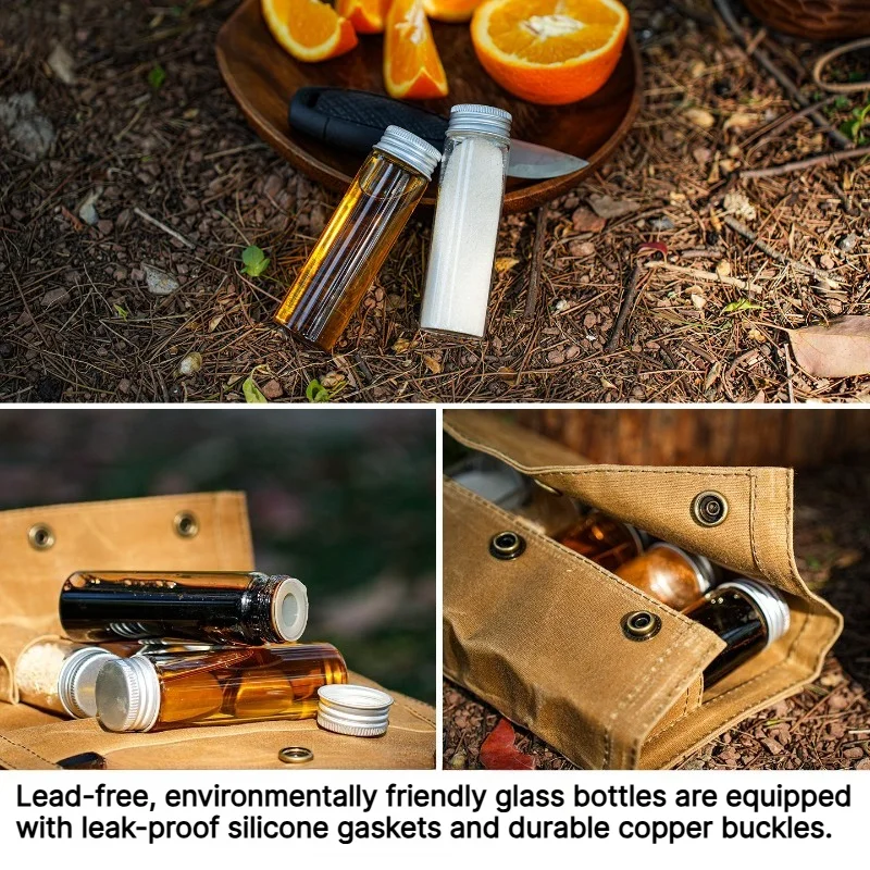 Portable Bushcraft Camping Spice Kit Waxed Canvas Seasoning Storage Bag 5Pcs 50ml Condiment Bottles for Outdoor Picnic Cooking