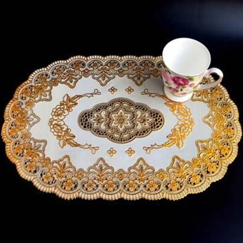 HOT Oval Lace PVC Gold Plastic Table Place Mat Pad Cloth Cup Wedding Dining Tea Coffee Coaster Placemat Mug Doily Drink Kitchen