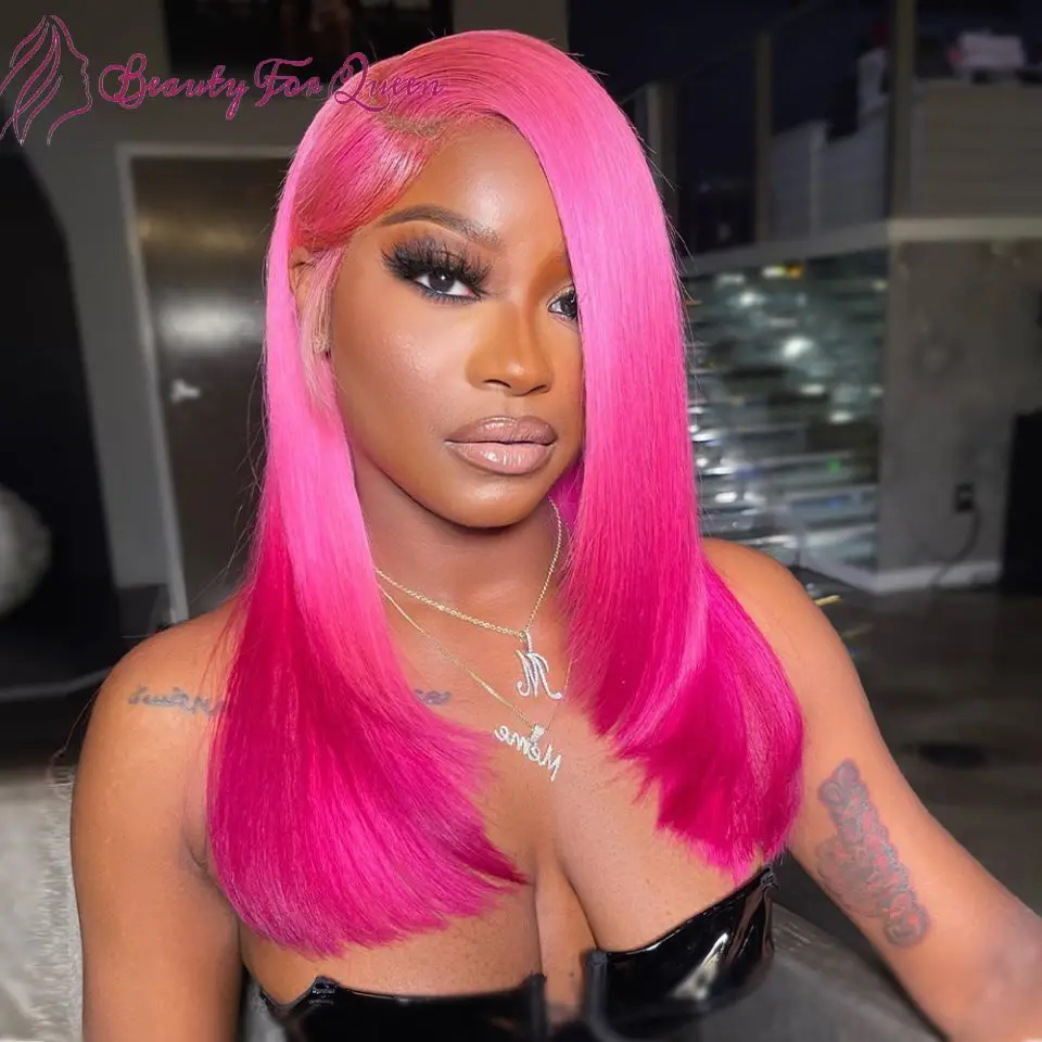 Hot Pink Short Bob Wig 13x4 Lace Front Human Hair Wigs Colored Virgin Human Hair Silky Straight Transparent Lace Wig 180 Density